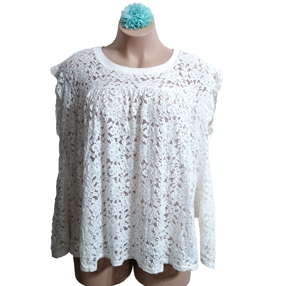 Boutique Cotton Blend Women Lace Popover Swing Top 2X White Boho Babydoll Relax